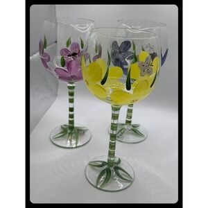Home Essentials Hand Painted Floral Wine Glasses Set of‎ 3 Multicolor Spring